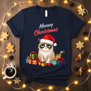 Meowy Christmas funny cat pun holiday t-shirt