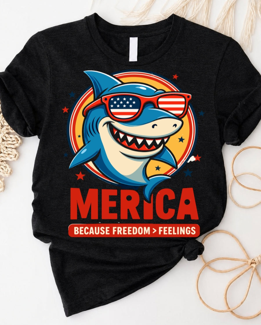 Merica freedom is greater than feelings tee with bold patriotic typography