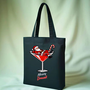 Merry Drunk Tote Bag with festive holiday lettering