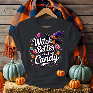 Model laughing in Funny Halloween Tee holding candy