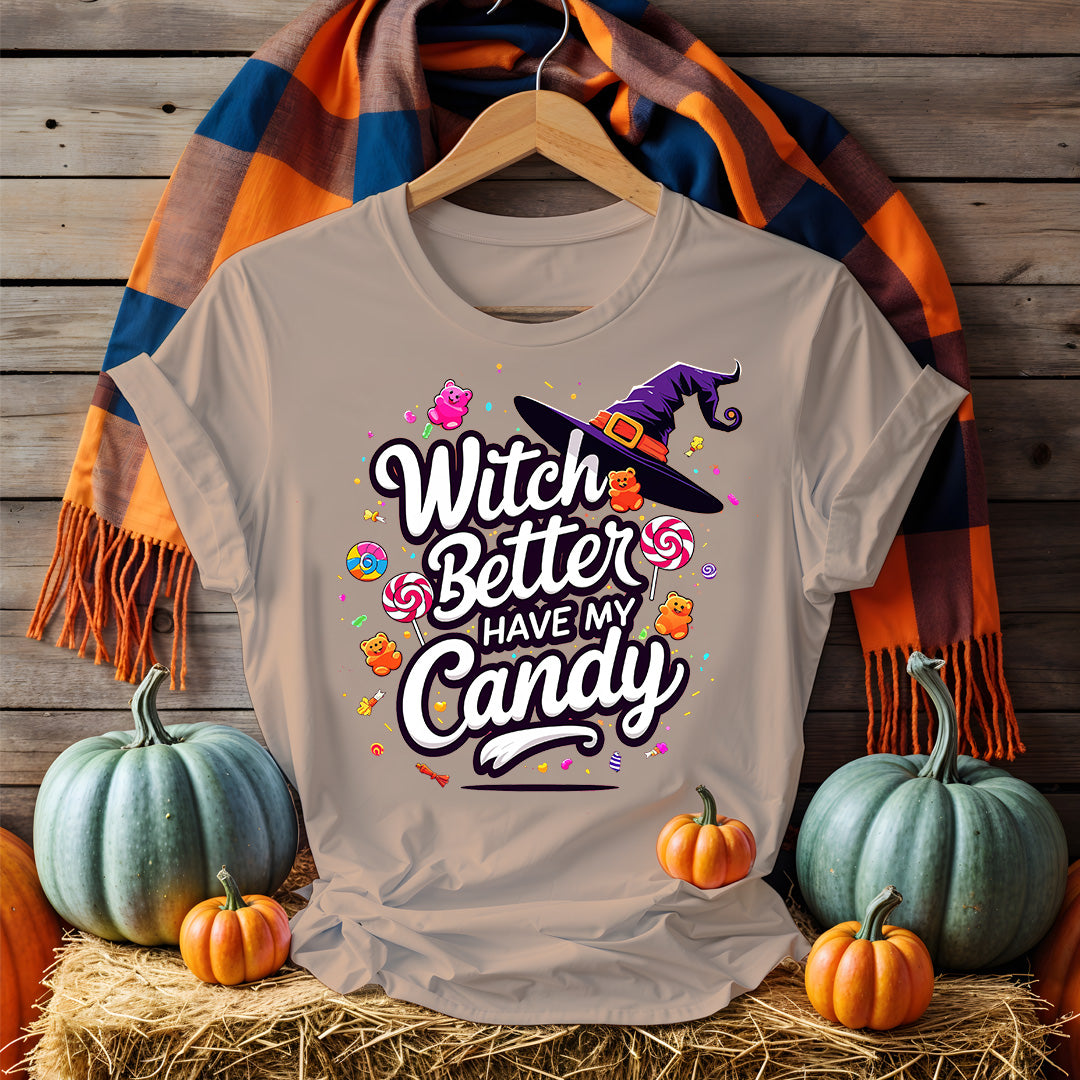 Model laughing in Funny Halloween Tee holding candy