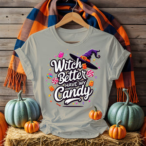 Model laughing in Funny Halloween Tee holding candy