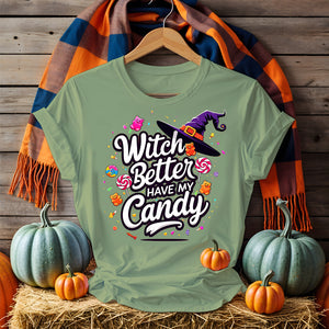 Model laughing in Funny Halloween Tee holding candy