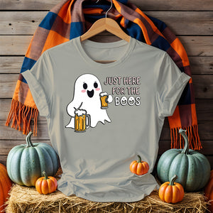 Model laughing in “Just for the Boos” tee holding a drink