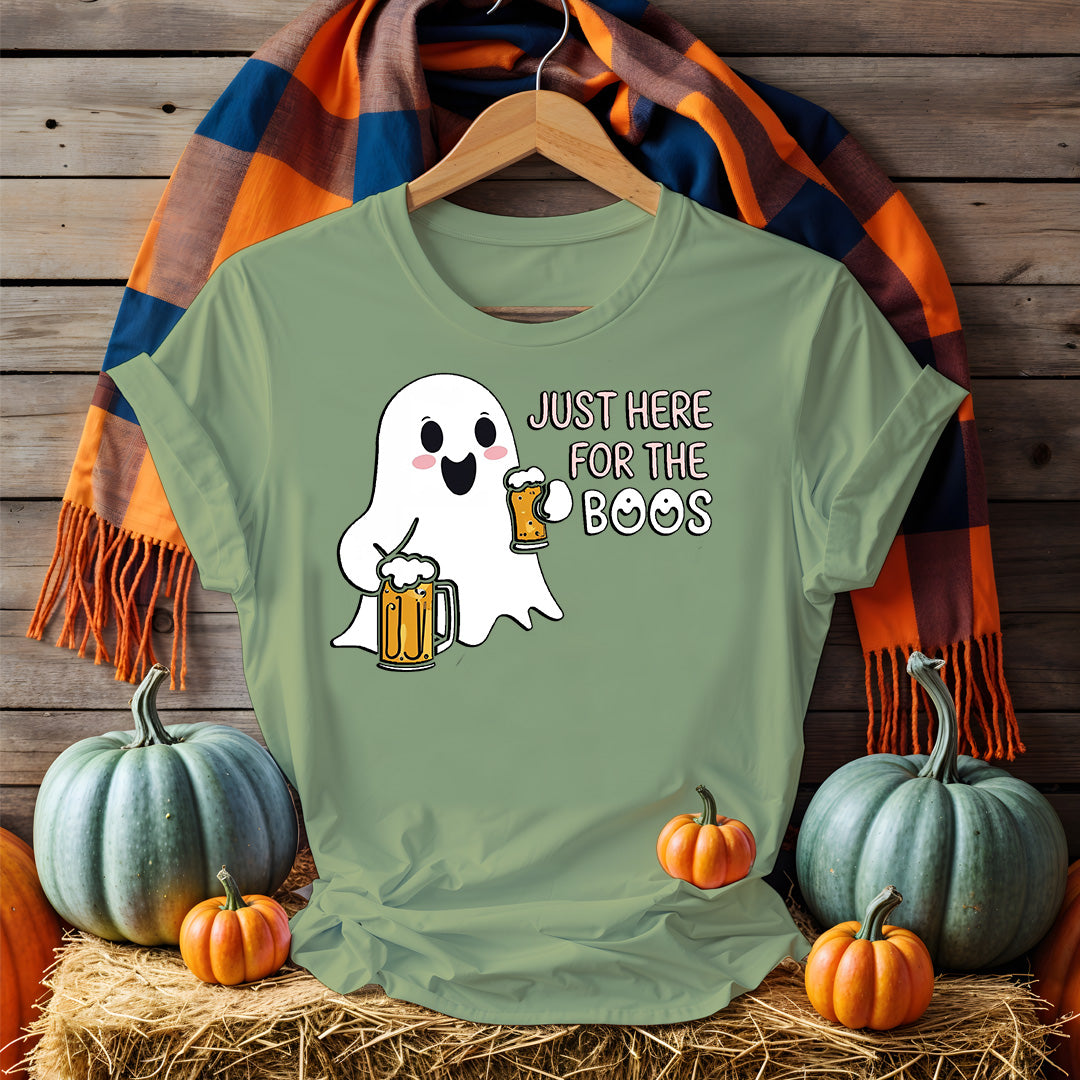 Model laughing in “Just for the Boos” tee holding a drink