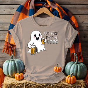 Model laughing in “Just for the Boos” tee holding a drink