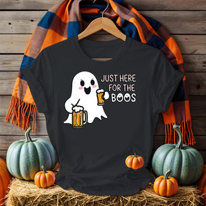 Model laughing in “Just for the Boos” tee holding a drink