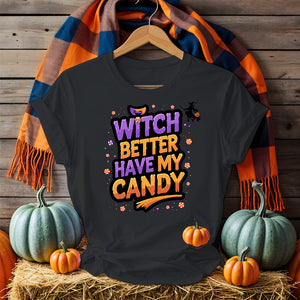 Model wearing Funny Witch Better Have My Candy Tee with pumpkin decor