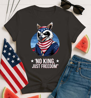 Model wearing No King Just Freedom Funny Meme Tee by Memez Store – bold block text on soft unisex cotton T-shirt.