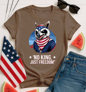 Model wearing No King Just Freedom Funny Meme Tee by Memez Store – bold block text on soft unisex cotton T-shirt.