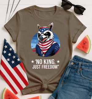 Model wearing No King Just Freedom Funny Meme Tee by Memez Store – bold block text on soft unisex cotton T-shirt.