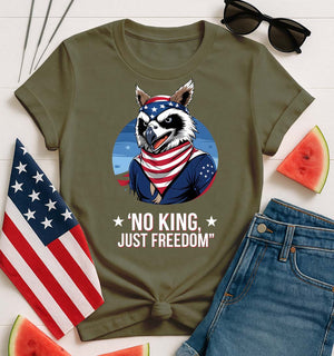 Model wearing No King Just Freedom Funny Meme Tee by Memez Store – bold block text on soft unisex cotton T-shirt.