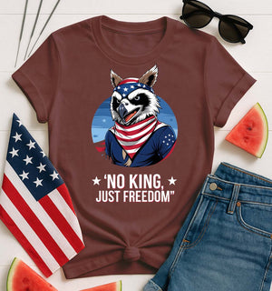 Model wearing No King Just Freedom Funny Meme Tee by Memez Store – bold block text on soft unisex cotton T-shirt.