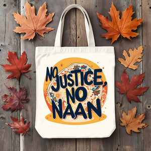 Model wearing “No Justice No Naan” shirt at a protest