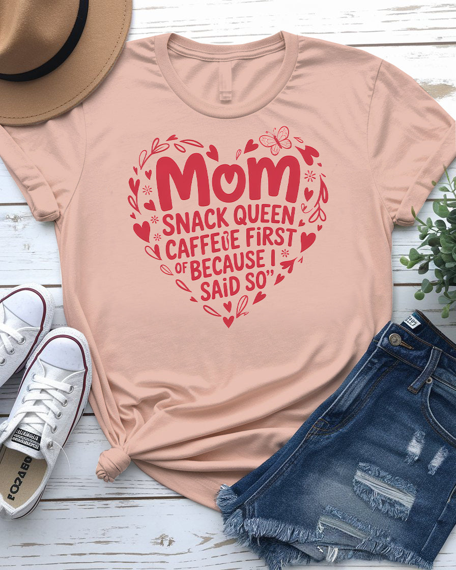 Mom Snack Queen Funny Meme Tee front view in pink color