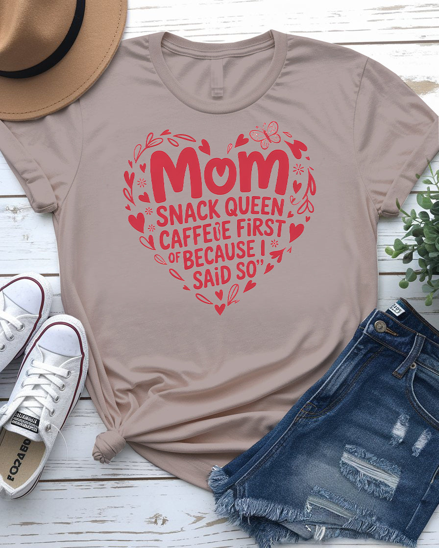 Mom Snack Queen Funny Meme Tee front view in pink color