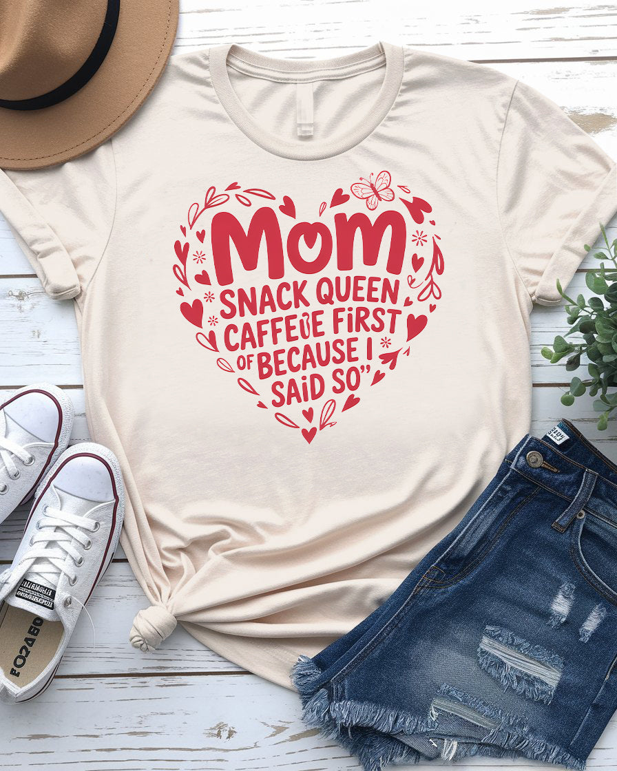 Mom Snack Queen Funny Meme Tee front view in pink color
