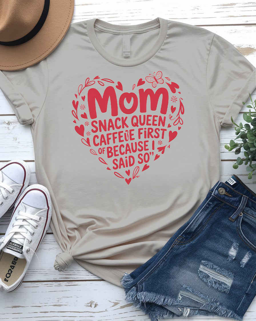 Mom Snack Queen Funny Meme Tee front view in pink color