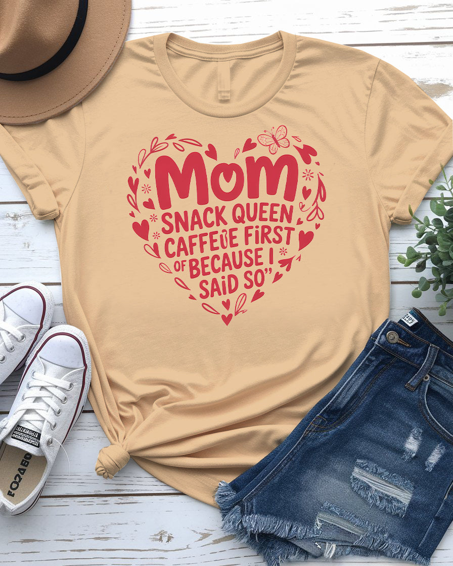 Mom Snack Queen Funny Meme Tee front view in pink color