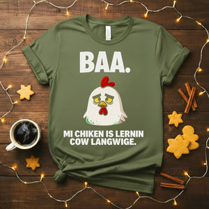 “My Chicken Is Learning Language Meme Funny Tee featuring a talking chicken wearing glasses and holding a book — funny unisex meme shirt.”
