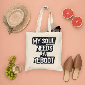 My Soul Needs a Reboot Tote Bag – Funny Tech Meme by Memez Store