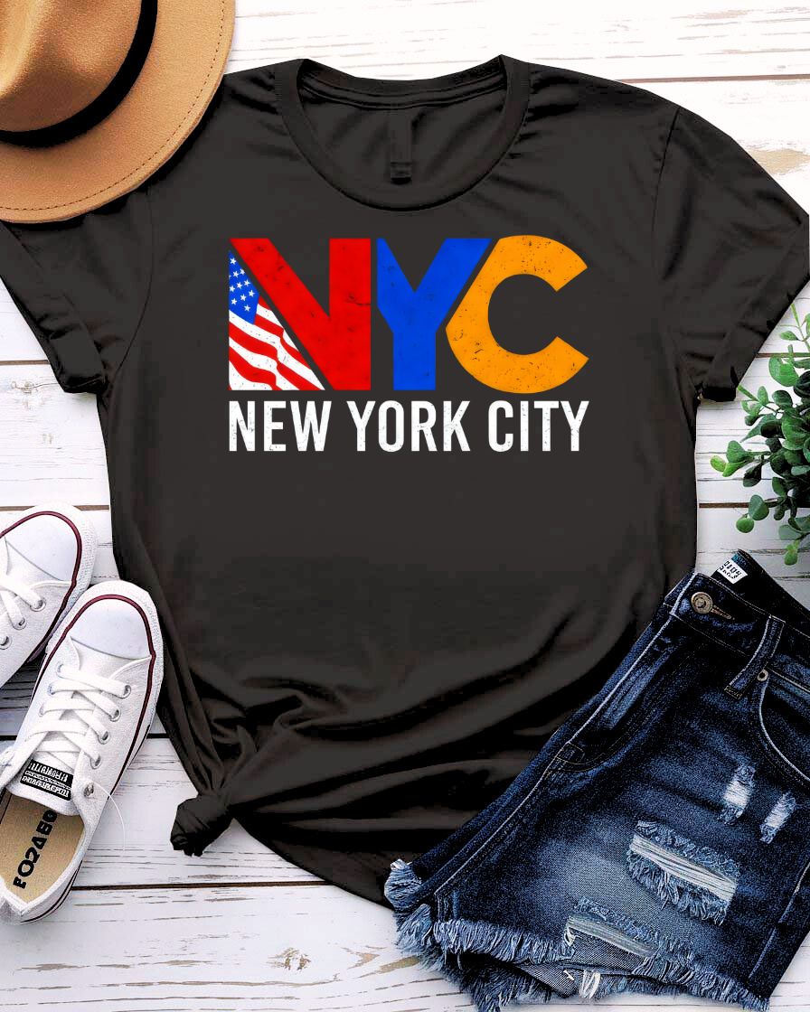 NYC Streetwear T-Shirt with geometric five boroughs map on model