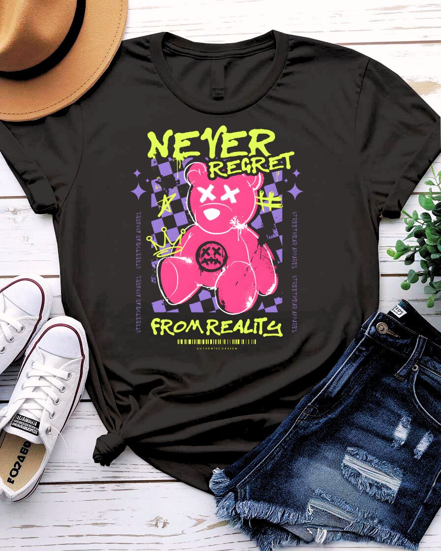 Never Regret Streetwear Tee with figure walking forward on stepping stones on model