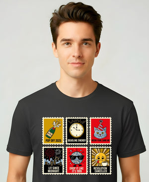 New Year Stamp Collection Meme Funny Tee – funny New Year 2025 meme t-shirt with retro stamp collage design”
