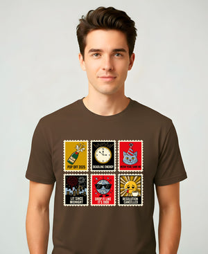 New Year Stamp Collection Meme Funny Tee – funny New Year 2025 meme t-shirt with retro stamp collage design”