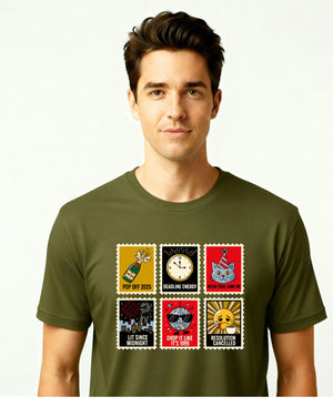 New Year Stamp Collection Meme Funny Tee – funny New Year 2025 meme t-shirt with retro stamp collage design”