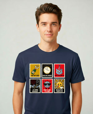 New Year Stamp Collection Meme Funny Tee – funny New Year 2025 meme t-shirt with retro stamp collage design”