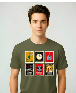 New Year Stamp Collection Meme Funny Tee – funny New Year 2025 meme t-shirt with retro stamp collage design”