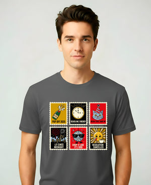 New Year Stamp Collection Meme Funny Tee – funny New Year 2025 meme t-shirt with retro stamp collage design”