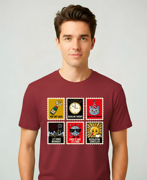 New Year Stamp Collection Meme Funny Tee – funny New Year 2025 meme t-shirt with retro stamp collage design”