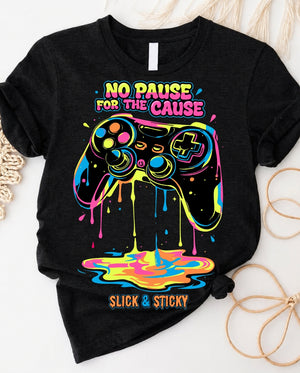 No pause for the cause gamer charity t-shirt with bold statement graphic