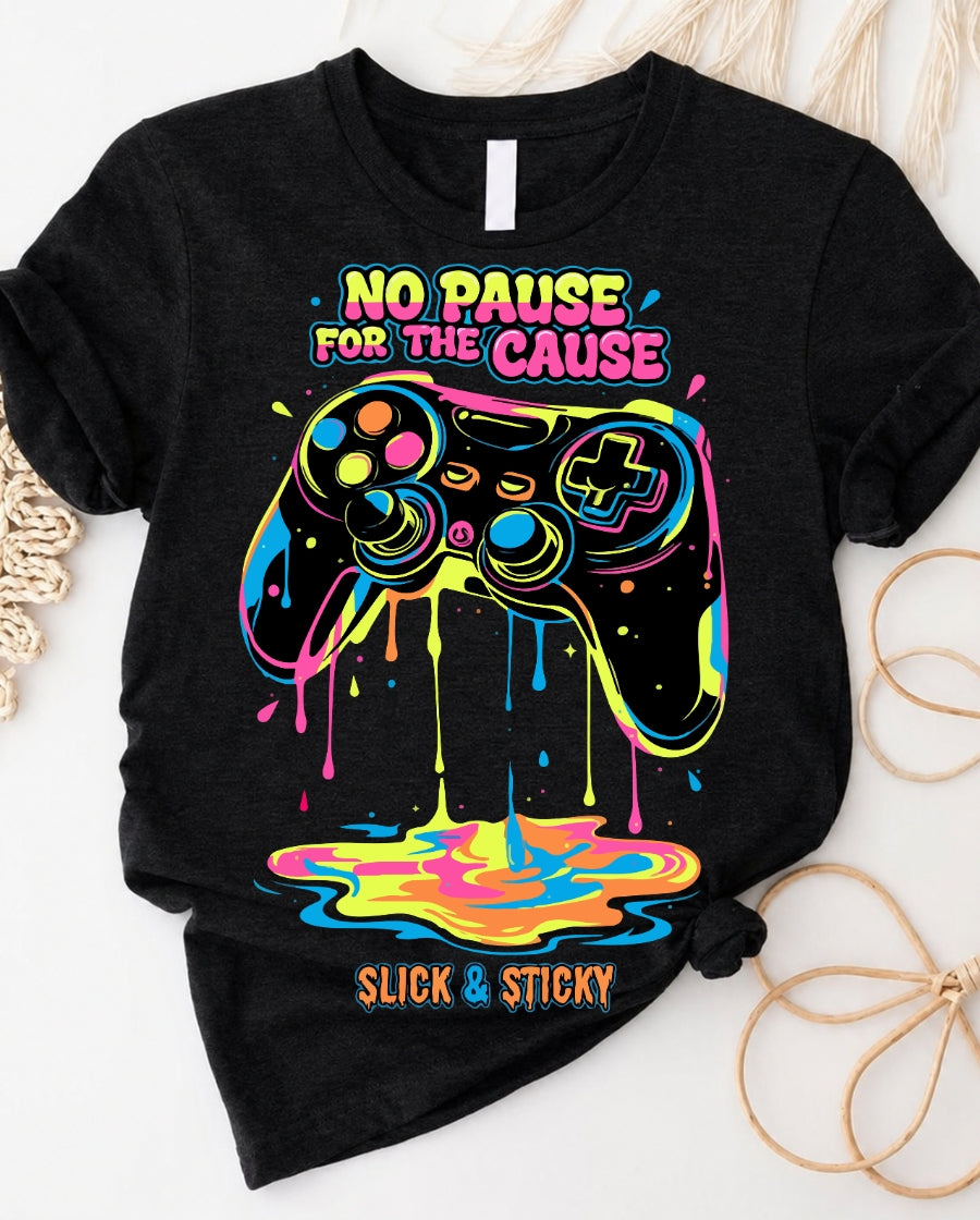 No pause for the cause gamer charity t-shirt with bold statement graphic