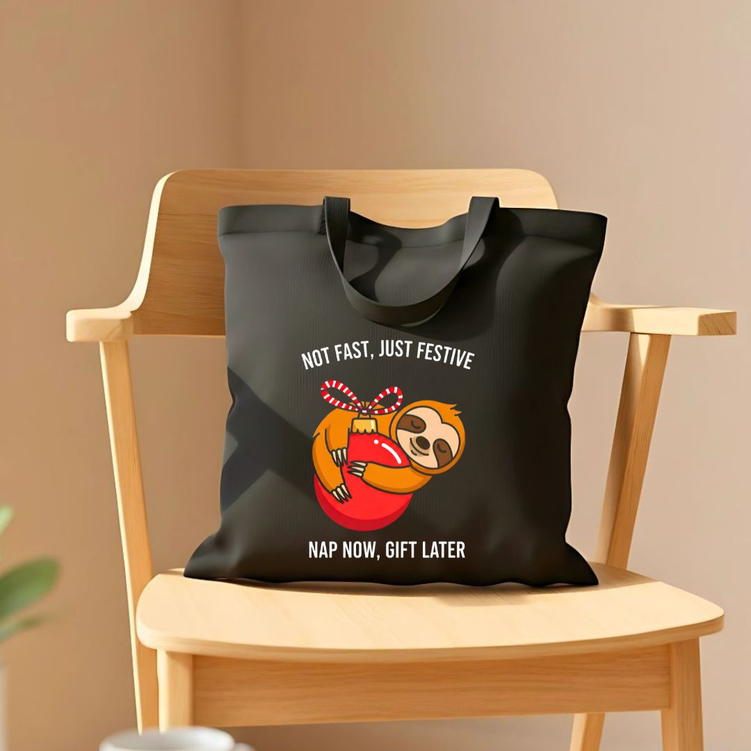 Not Fast Just Festive Tote Bag with holiday humor design