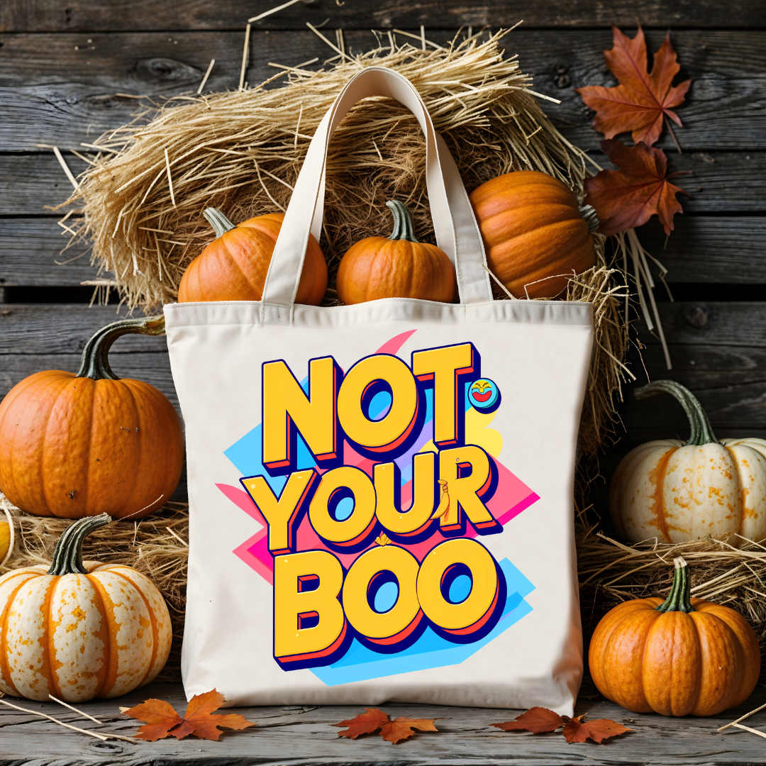 Not Your Boo Halloween Tote Bag featuring bold ghost-themed text design by Memez Store