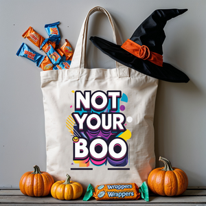 “Not Your Boo Halloween Tote Bag featuring bold ghost typography on cotton canvas – Memez Store spooky meme accessory.”