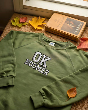 Unisex Gildan 18000 sweatshirt with OK Boomer embroidery