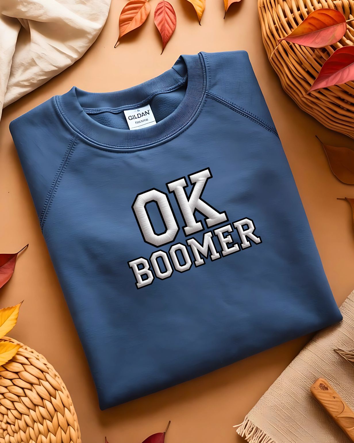 Unisex Gildan 18000 sweatshirt with OK Boomer embroidery