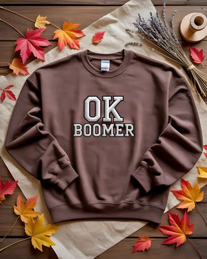 Unisex Gildan 18000 sweatshirt with OK Boomer embroidery