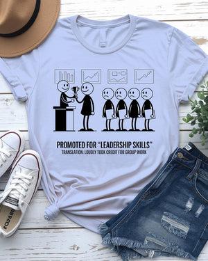 Office worker wearing leadership tee