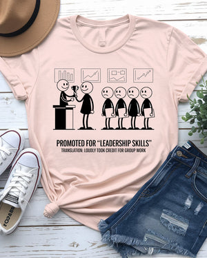 Office worker wearing leadership tee