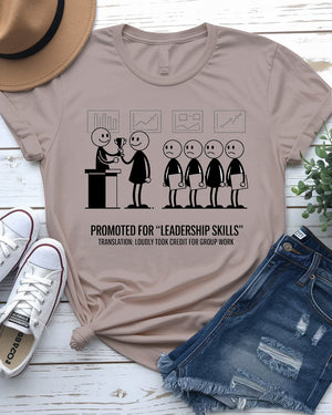 Office worker wearing leadership tee