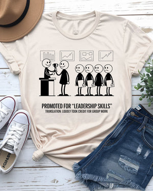 Office worker wearing leadership tee