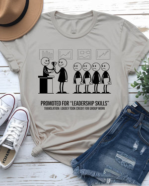 Office worker wearing leadership tee