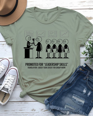 Office worker wearing leadership tee