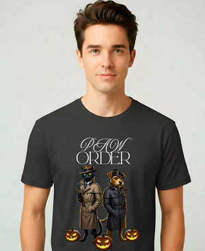 “Paw Order Halloween Meme Funny Tee – funny Halloween pet meme t-shirt featuring cat judge and ghostly paw design”