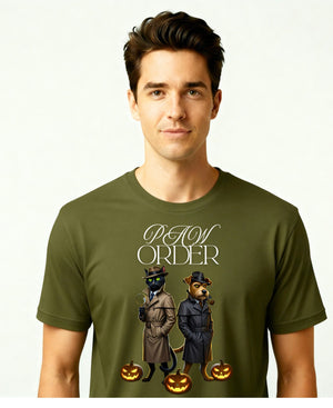 “Paw Order Halloween Meme Funny Tee – funny Halloween pet meme t-shirt featuring cat judge and ghostly paw design”